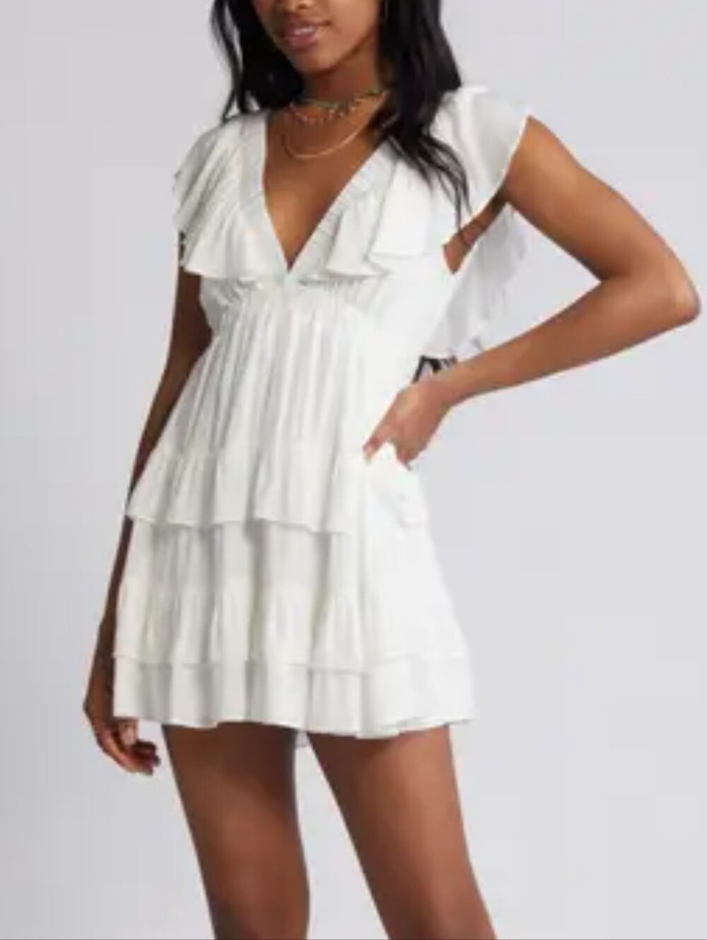 BP. Ruffled V-Neck Tiered White Mini Dress BP. Ruffle Trim Minidress White Blanc